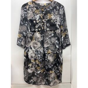 Anthropologie Figuerca & Flower Floral Tunic Top Black Grey Gold 3/4 Sleeve S